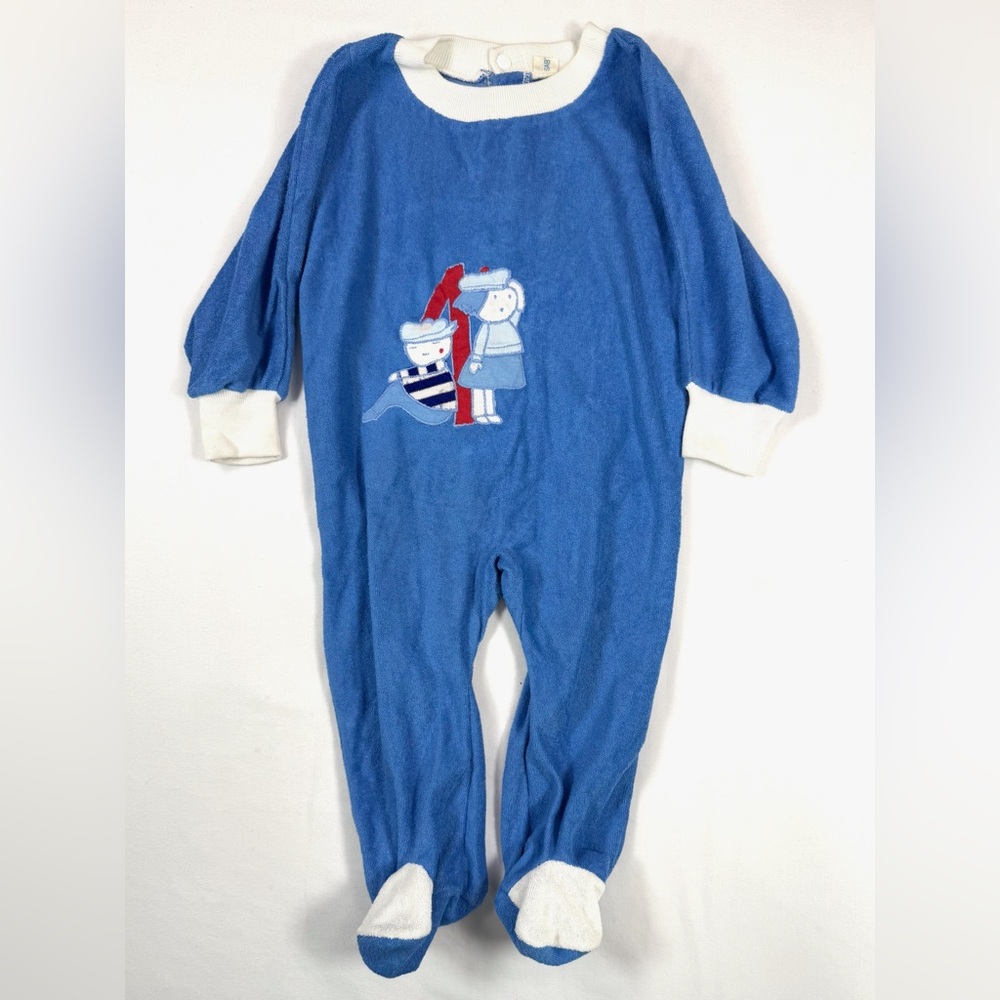 SAB' VINTAGE 80s Terrycloth Nautical Applique Sleeper Footie Pajamas Size 6-12M